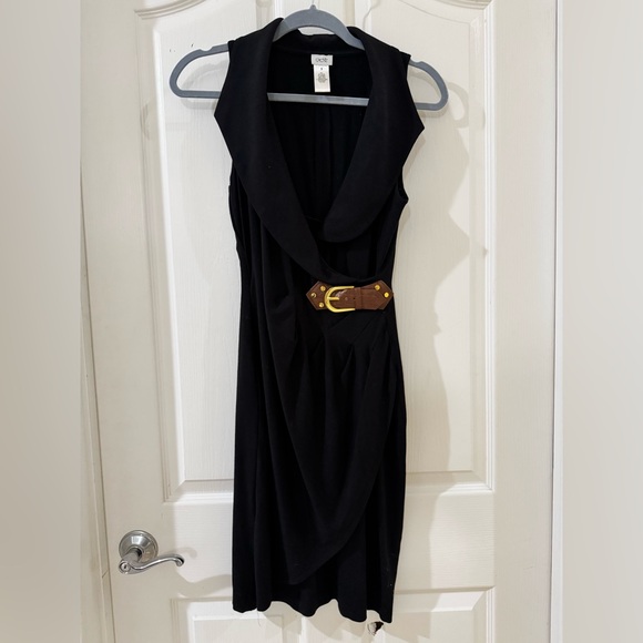 Cache Dresses & Skirts - Cache Black Draped Sleeveless Dress with Brown Belt Accent